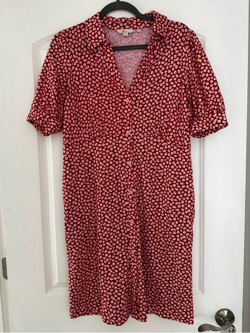 Boden Women's Red White Floral Mini Tea Dress, Size 10L, 100% Cotton, Pockets!